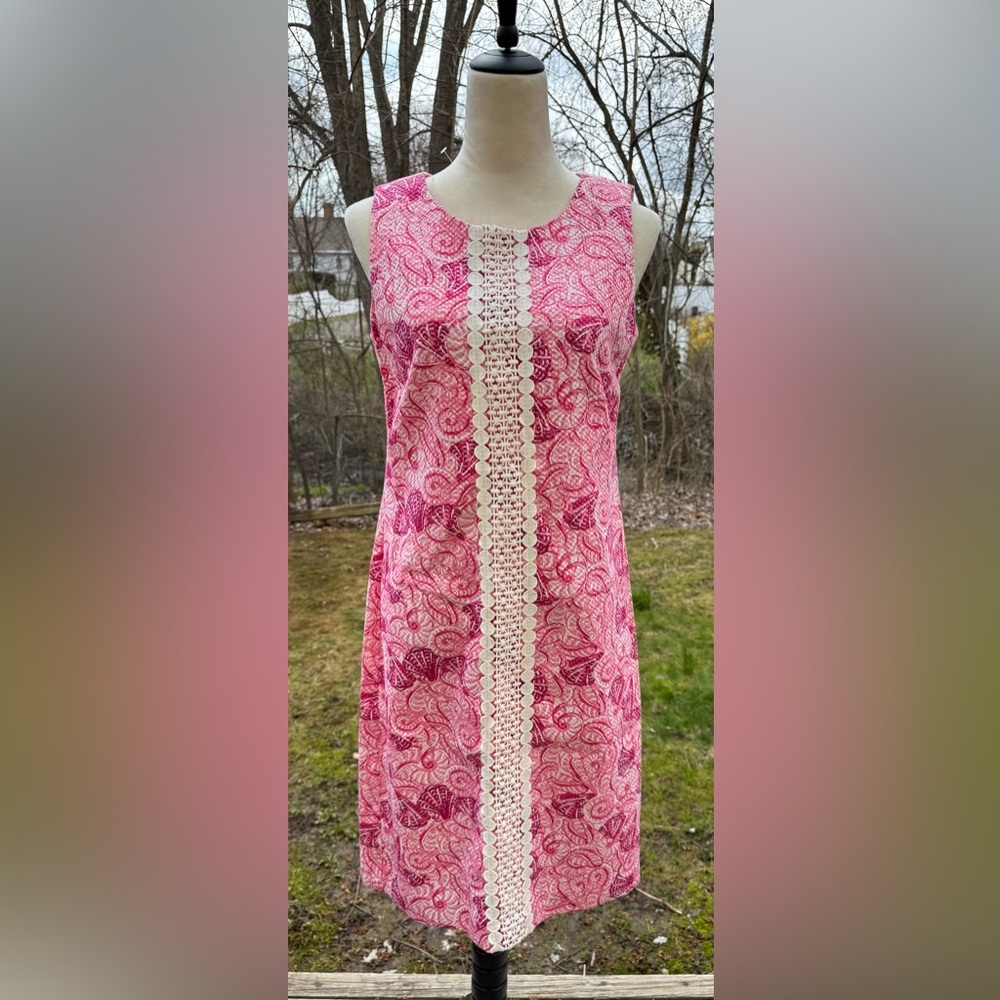 Talbots Size 6 Pink Shell Pattern Sheath Dress Sleeveless Cotton Stretch NWT
